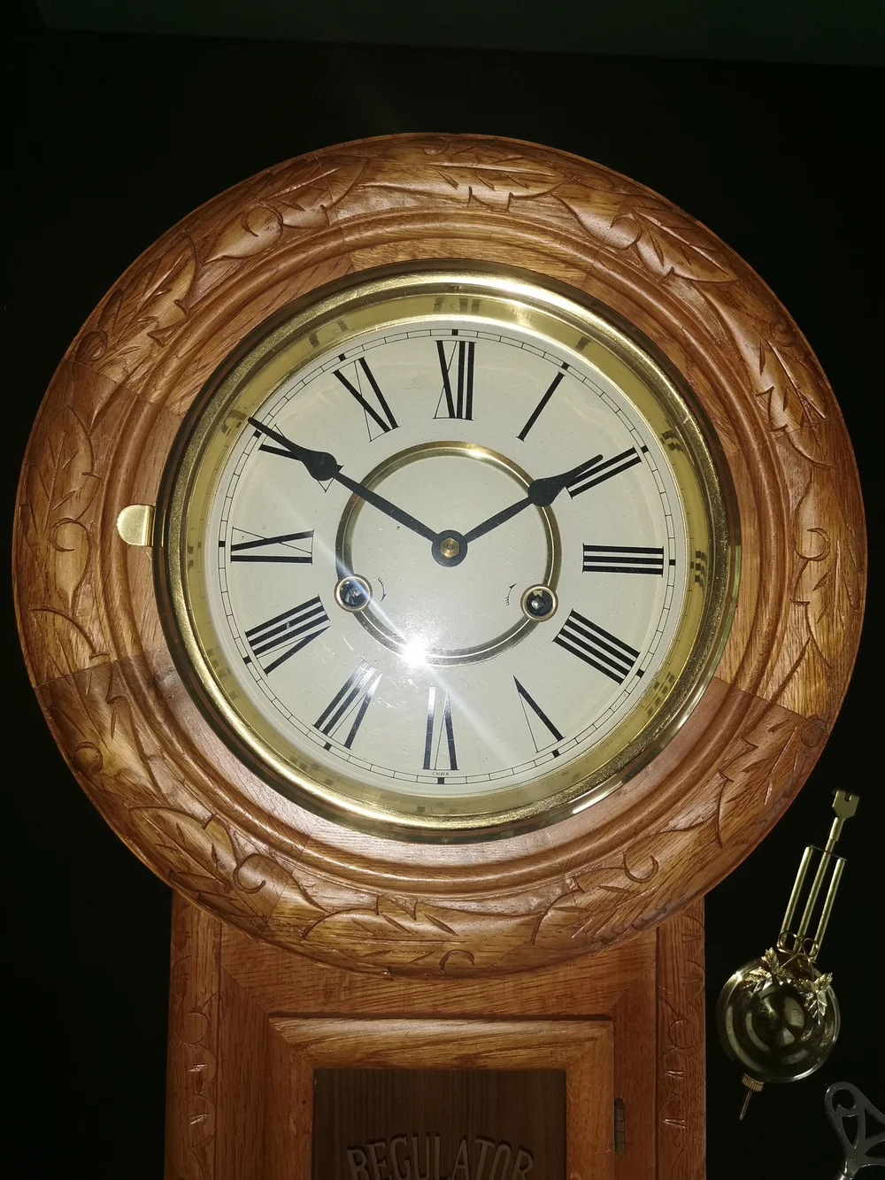 Vintage Oak Regulator A Wall Clock Engraved W/Keys & Pendulum Works